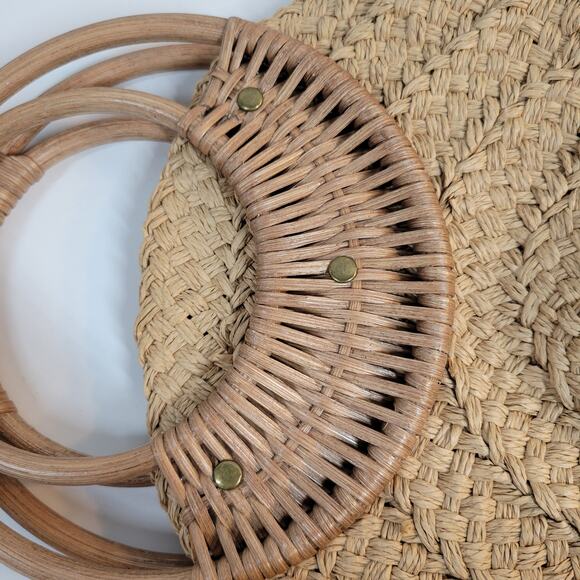 VINTAGE Woven Wooden Cinch Bag Brown Circle Handmade Rattan Summer‎ Beach Bag - Picture 14 of 14
